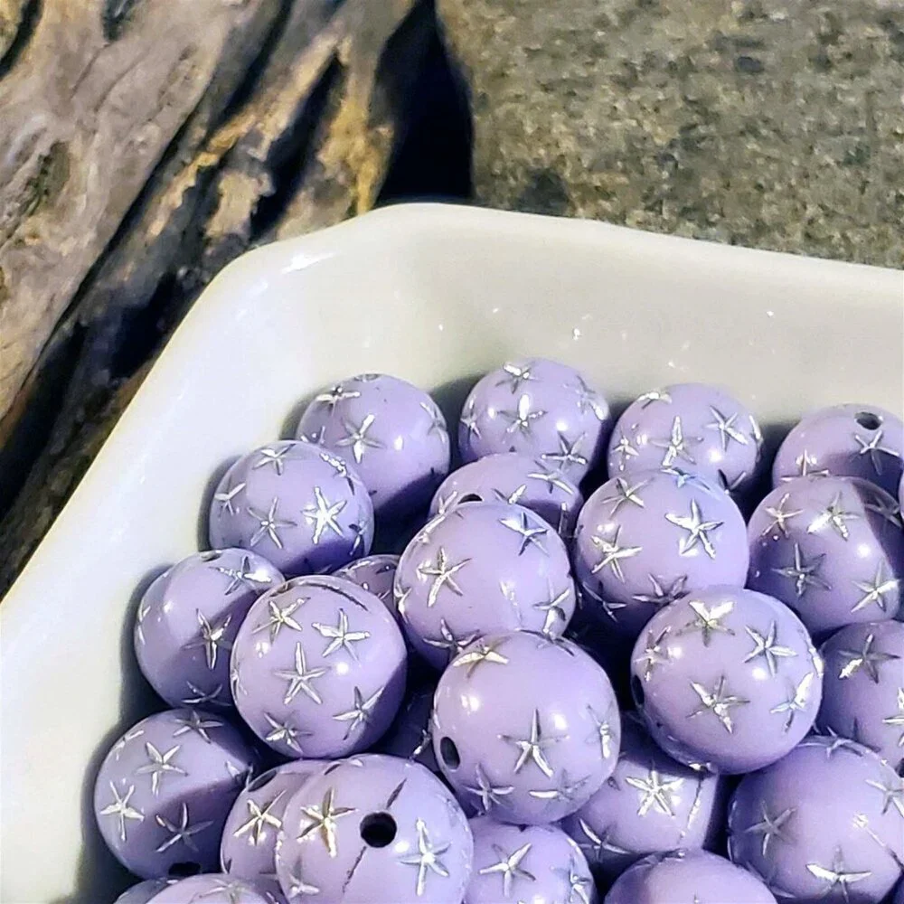 Vintage Retro Lavender Silver Stars 12mm Round Acrylic Shabby Chic Beads 10 pcs